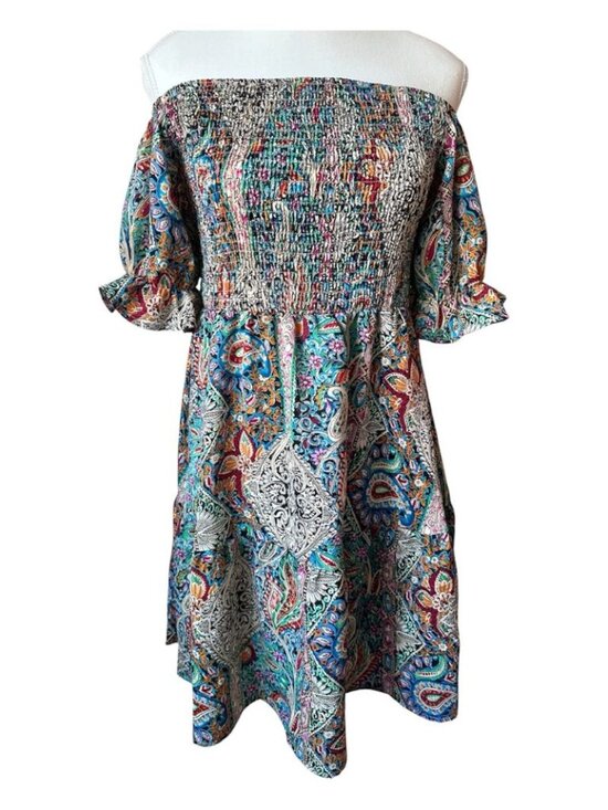 Dresses & Skirts - Bohemian Paisley Puff Sleeve Multi-Colour Summer Smocked Mini Dress - L